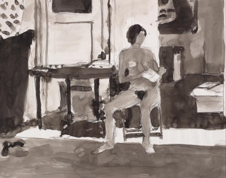Ink drawings of a nude seated woman reading a book in her hands.
