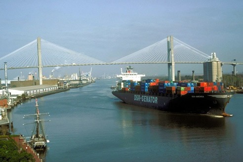 Image of a cargo ship passing through the harbor to Cincinatti