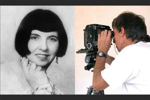 Side by Side photographs of ORPHA KLINKER and Bill Dewey facing away behind a medium format camera
