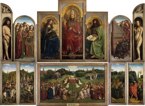 Artist installs mirror into panel of famous Ghent Altarpiece for new project