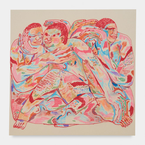 Jeffrey Cheung, acrylic on canvas piece of three tight-knit bodies