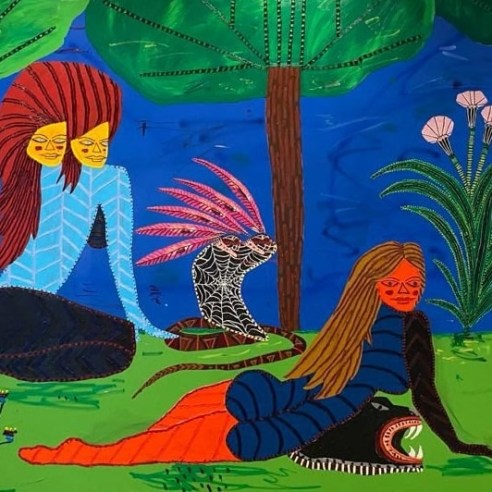 Oil, acrylic and spray paint painting of three reclining woman figures amongst nature and a snake by Jordan Kerwick