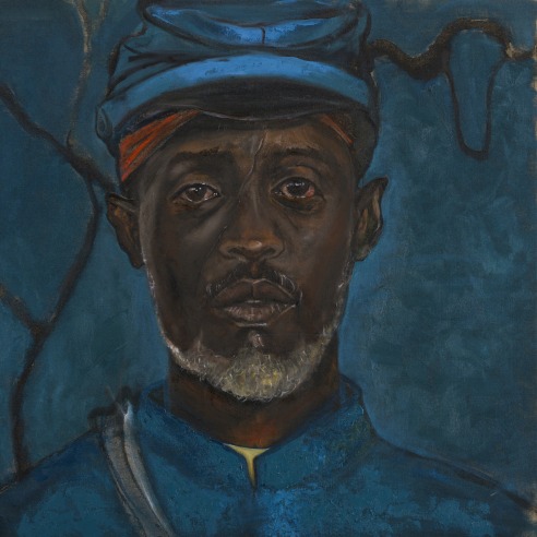 Oil and ink on canvas painting, portrait of Michael K as a Buffalo Soldier by Chaz Guest 