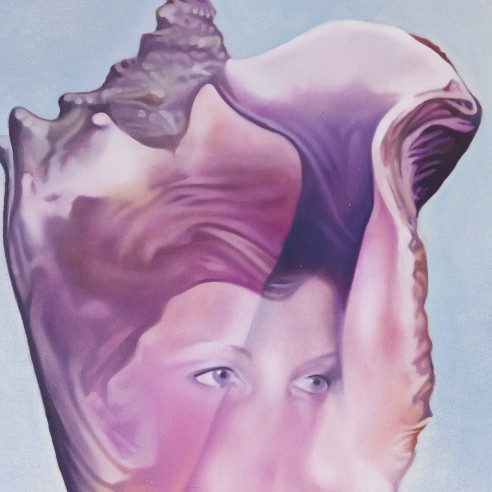 Oil on canvas painting of a pink and purple seashell with a faint image of a face inlayed by Ariana Papademetropoulos