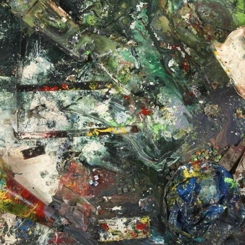 Trash and paint on canvas by Dan Colen