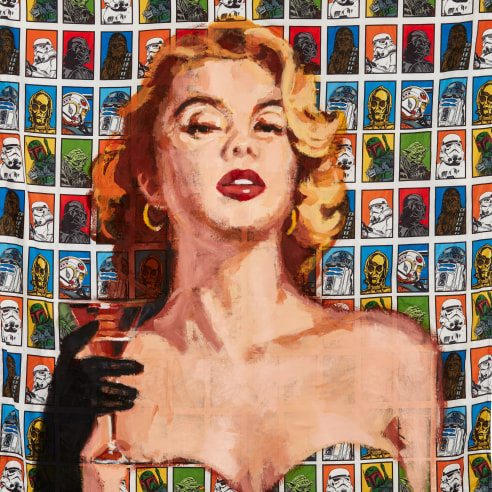 Acrylic on bedsheet painting of a femme fatale pulp romance character by Walter Robinson