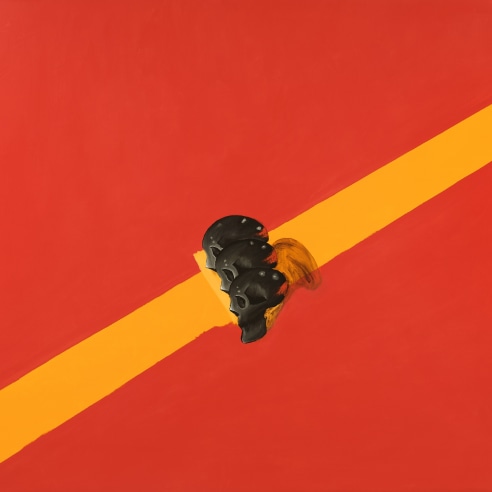 Red painting with 3 skulls and yellow banner