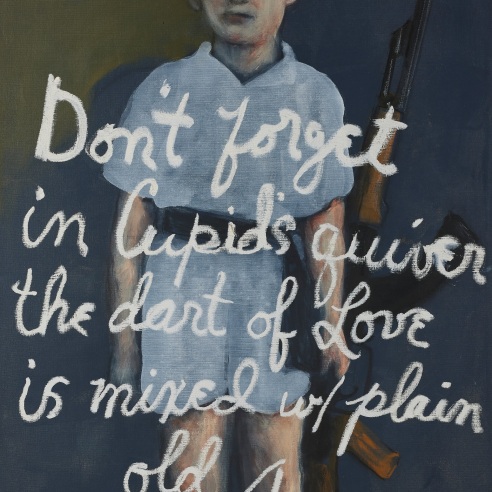 Mixed media on canvas painting of a young boy holding a rifle with the words "Eros" writing in cursive above his head by Rene Ricard