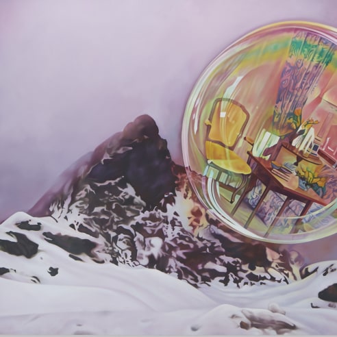 Oil on canvas painting of a bubble with an image of a living room floating atop a snow mountainside by Ariana Papademetropoulos