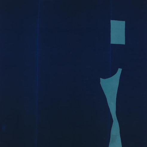 A blue abstract painting on velvet by Julian Schnabel