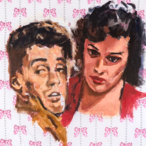 Acrylic on bedsheet painting of two pulp romance characters by Walter Robinson