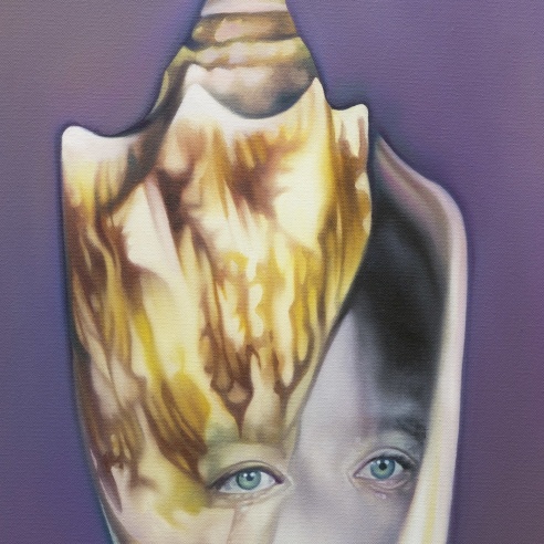 An oil on canvas painting of a seashell with inlayed with a set of eyes floating on a purple iridescent like background by Ariana Papademetropoulos
