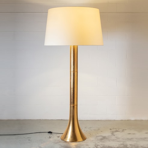 Illuminated floor lamp with gold raku glaze and fabric shade