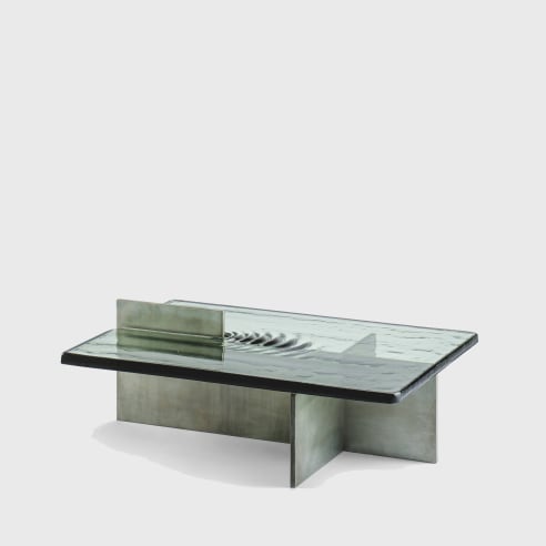 Glass topped metal coffee table with intersecting planes