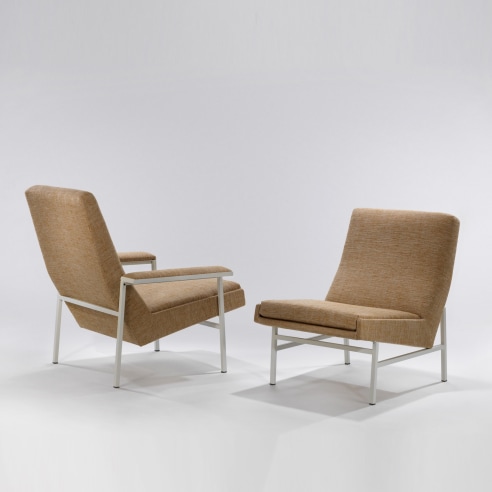 Pair of upholstered chairs, one with arms and one without, by A.R.P.