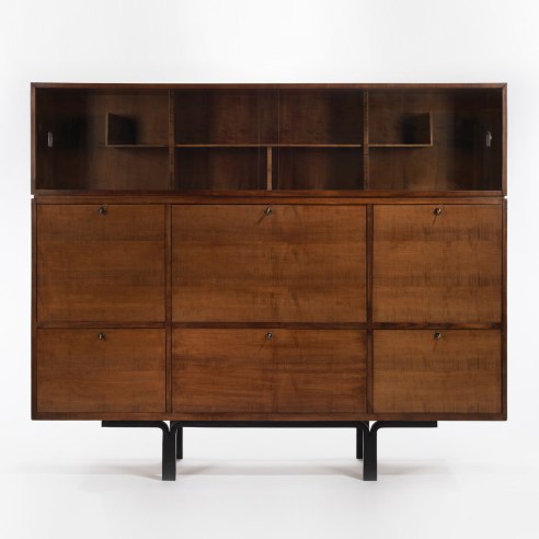Wood cabinet with open and closed shelves