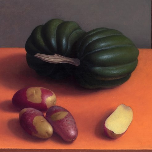 a still-life painting by Amy Weiskopf of red-skinned potatoes and green acorn squash on an orange table top