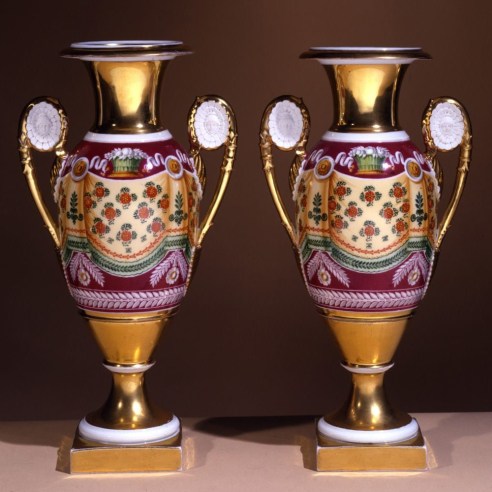 Pair “Old Paris” Porcelain Vases with Drapery Decoration