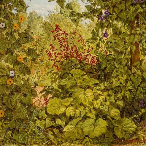 WILLIAM TROST RICHARDS (1833–1905), "Flora," 1859. Oil on arched-top mahogany panel: 7 3/8 x 5 5/16 in. (detail).