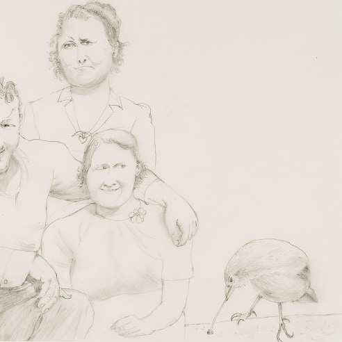 a drawing by Honore Sharrer of a family with a large bird next to them 