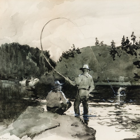 FRANK WESTON BENSON (1862–1951), "A Strike (Two Fishermen)," 1907. Watercolor on paper, en grisaille, 10 3/4 x 10 3/4 in.
