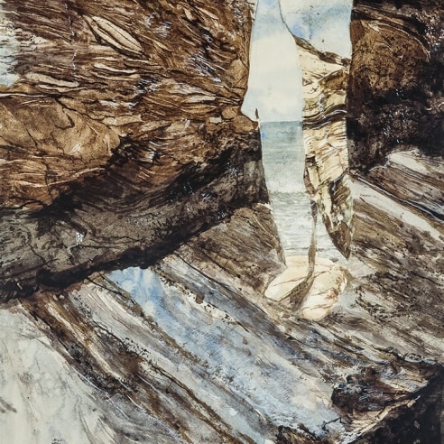 A landscape by Colin Hunt showing rocks and the outline of a person