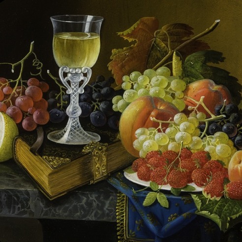  SEVERIN ROESEN (about 1815–1872), "Still Life of Fruit, Goblet, and Book on a Marble Table" about 1863–70. Oil on wood panel, 15 x 19 in. (detail).