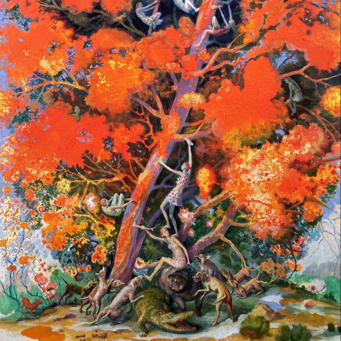 a painting by Julie Heffernan women climbing a tree with bright orange leaves to escape an alligator, hippo, and a pack of wild dogs circling at the foot of the tree