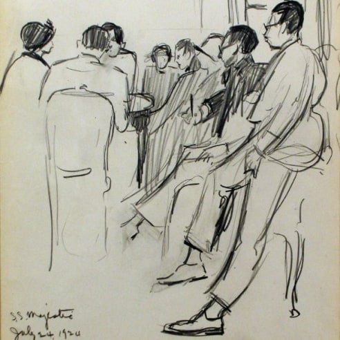 Jane Peterson (1876–1965), "On Board the S.S. Majestic: Intimate Conversation," July 24, 1924. Graphite on paper, 9 3/4 x 7 1/2 in. (detail).