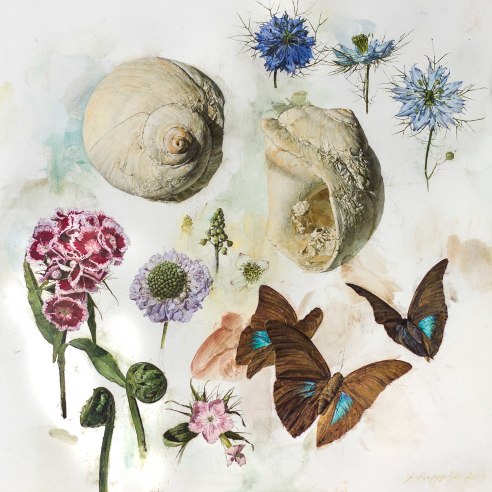 Image of Jeffrey Ripple's "Shells, Butterflies, and Flowers" Oil on panel, 12 by 12 inches, painted in 2018.