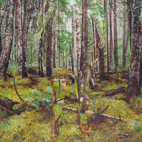 A landscape by Colin Hunt showing rocks and trees and a hidden figure