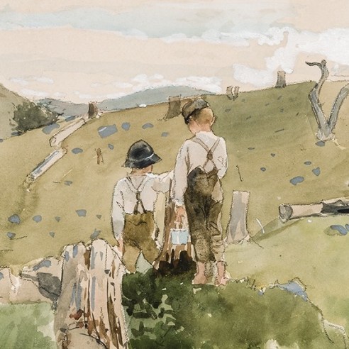 WINSLOW HOMER (1836–1910), "Boys on a Hillside," 1879. Watercolor, gouache, and pencil on paper, 8 1/8 x 11 1/2 in. (detail).