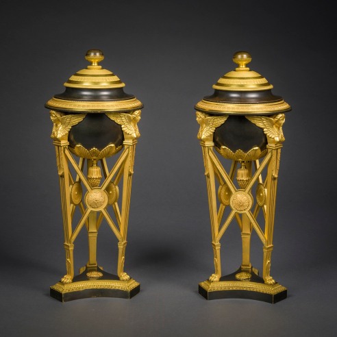 Pair Tripod Urns with Covers, in the Empire Taste