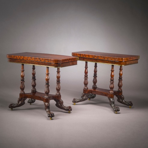 Pair Card Tables in the Neo-Classical Taste, about 1820. New York, possibly by Michael Allison. Mahogany and ebony, with brass line inlay, gilt-brass castors and hinges, and marbled paper 29 7/8 in. high, 35 7/8 in. wide, 18 in. deep