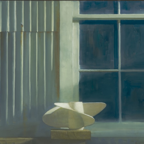 a painting by Randall Exon of a white propeller sitting by a stretch of window and corrugated metal wall