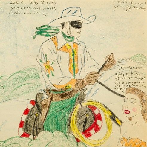 a drawing by self-taught artist Mary P. Corbett of her "The Catville Kids" in which The Lone Ranger talks to a bikini-clad young woman