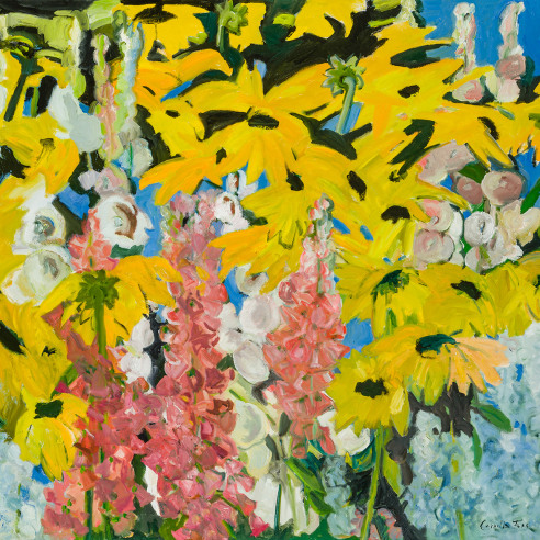 Cornelia Foss (b. 1931), "Black-eyed Susans," 2025. Oil on canvas, 48 x 60 in. (detail).