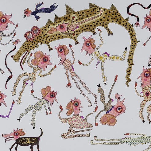 a drawing by self-taught artist Jeanne Brousseau of multiple women with fantastical beasts