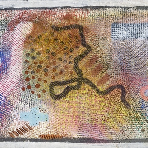 a painting by Robert Natkin from his Field Mouse series, show irregular shapes and lines floating on a light-colored gauzy background