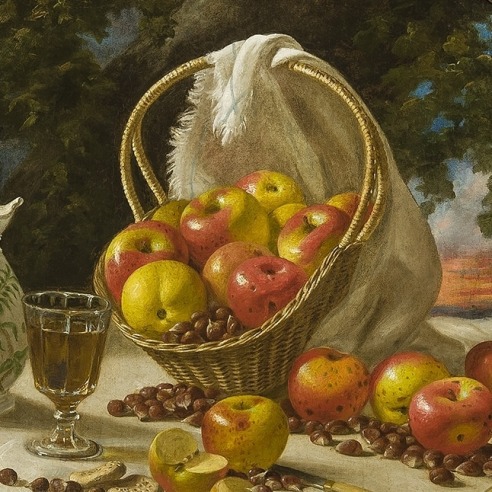 JOHN F. FRANCIS (1808– 1886), "Apples and Nuts in a Basket, a Sunset in the Distance," 1871. Oil on canvas, 24 3/4 x 29 1/2 in. (detail).