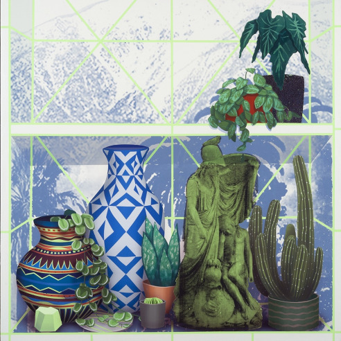a painting by Robert Minervini of flatly-painted vases, sculpture and cactii on an abstract shelf