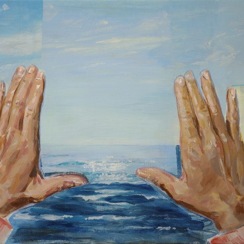 a painting by James Everett Stanley of two hands framing the ocean
