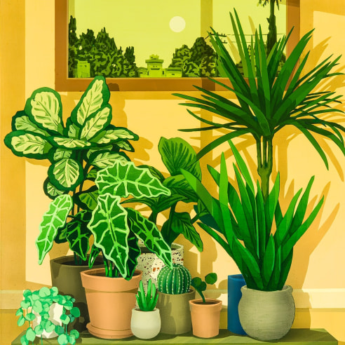 An oil painting in very bright yellow and green showing plants in front of a window. Painted by Robert Minervini in 2023
