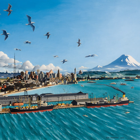 THOMAS FRANSIOLI (1906–1997), "View of Seattle," 1950. Oil on canvas, 21 x 27 in. (detail).