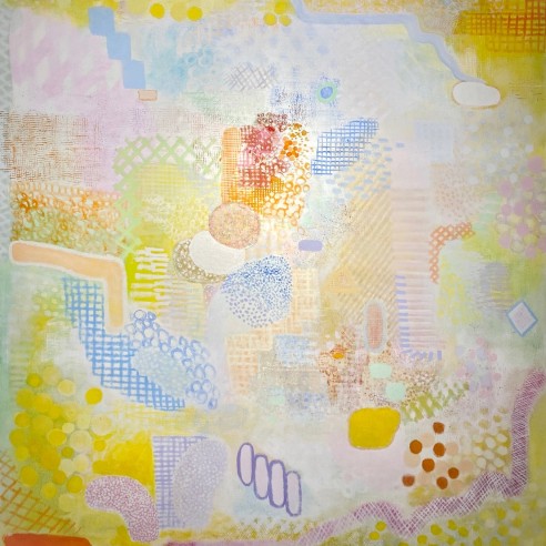 a large painting by Robert Natkin from his Field Mouse series, showing a tangle of irregular shapes and patterns on a gauzy yellow background