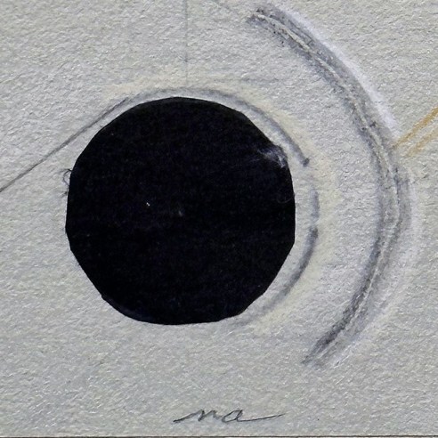 a small paper collage by Nicol Allan with a black circle centered on a field of gray, with darker gray lines surrounding it