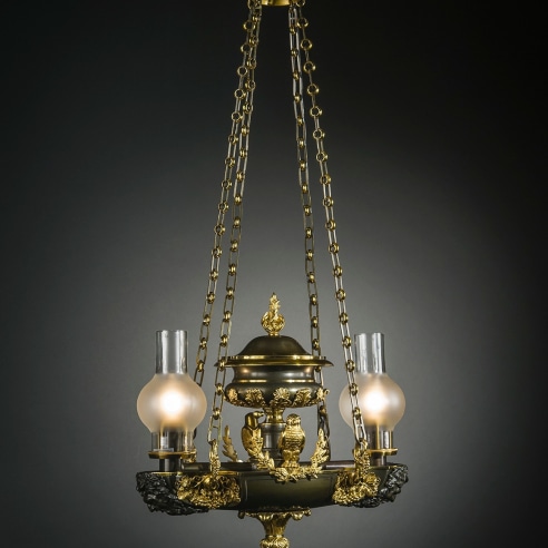 Two-Light Argand Chandelier with Birds