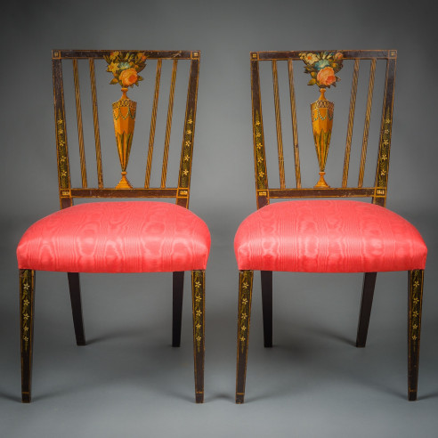 Pair Painted Side Chairs with Vase-Shaped Splats in the Sheraton Taste, about 1785–93 Attributed to John Seymour, Jr. (1767–1793), Portland, Maine  Black ash, cherry, and white pine, painted, with upholstered seats Each, 35 in. high, 20 in. wide, 19 1/2 in. deep (overall)