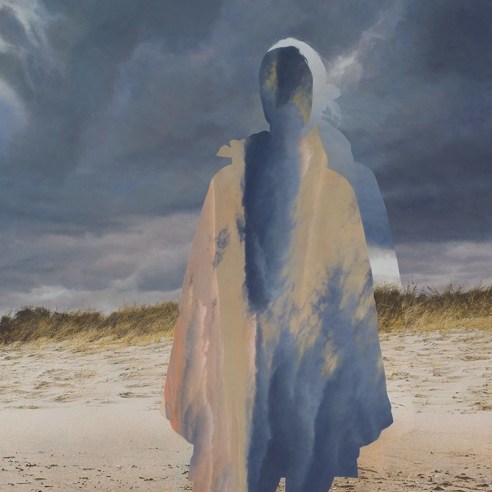an egg tempera painting by Colin Hunt of a silhouette standing on the beach, whose void is filled with different views of clouds