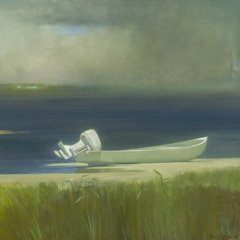 a painting by Randall Exon of a white motorboat moored on a sandy inlet